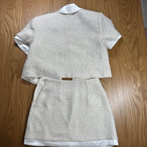 MABLE White Tweed Skirt Suit Set Pearl Button Satin Collar – Size S - Picture 7 of 13